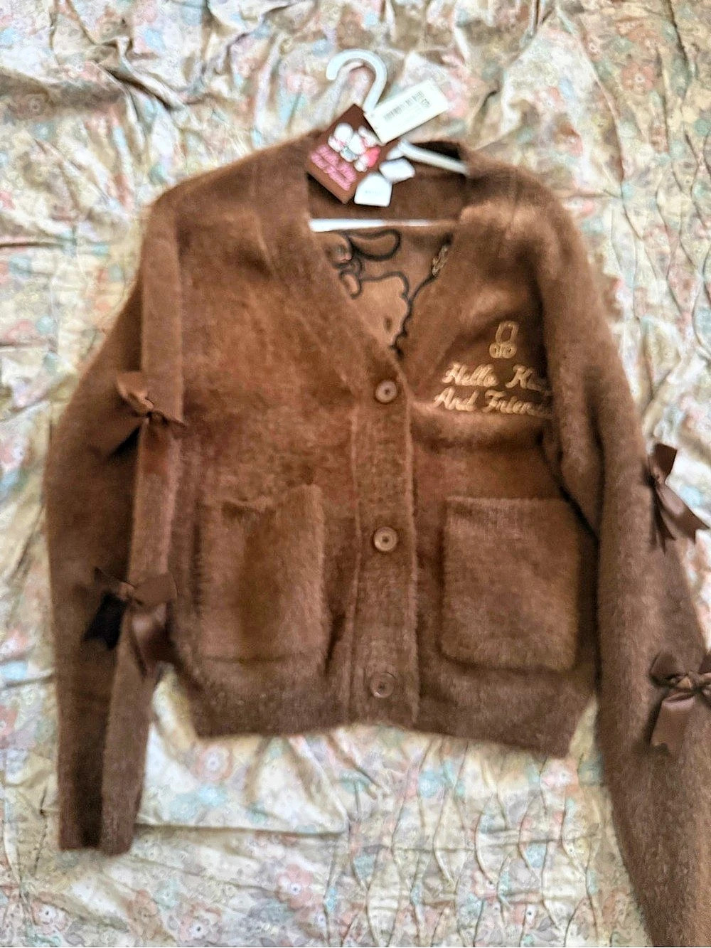 NWT Sanrio Hello Kitty and Friends Brown Fuzzy Bow Cardigan Sweater